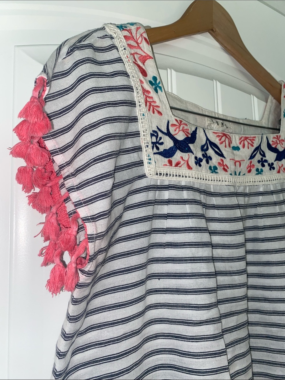 THML Navy & White Striped Square-Neck Top with Pink Tassel Trim size Large - Picture 7 of 15